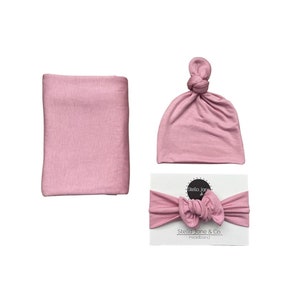 Conjunto de fraldas para bebê em "Nova" rosa suave, chapéu de bebê, faixa de cabeça blush para bebê, acessório para fotos de bebê, conjunto de hospital, presente para bebê, fralda elástica