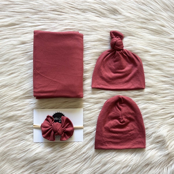 Baby swaddle blanket in "Zane” Dusty Red top knot hat, baby photo prop, hospital set, baby boy gift, baby girl gift, gender neutral swaddle,