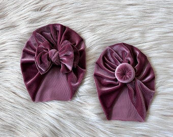 Turbante de terciopelo para bebé hecho a mano: gorro de moño o lazo malva