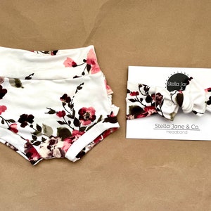 Baby Shorties, “Morgan” Wine & Pink Floral Shorts, turban, Baby shorts, Baby Bummies, Baby Gift, Take Home Outfit,girl clothes, baby bloomer