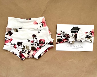 Baby Shorties, “Morgan” Wine & Pink Floral Shorts, turban, Baby shorts, Baby Bummies, Baby Gift, Take Home Outfit,girl clothes, baby bloomer