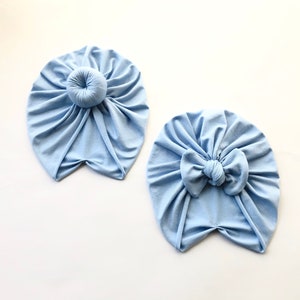 Powder Blue Baby Turban Hat: Bow or Bun Style