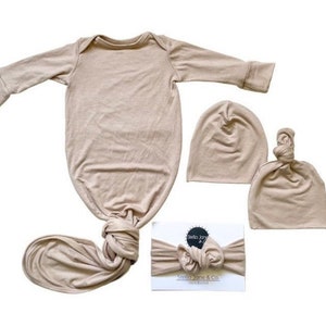 Baby knotted gown, Jett Sand Beige Gown, gender neutral gown, Knot Bottom  Baby Gown, take home outfit, baby gift, unisex baby clothes