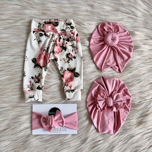 Baby leggings, “Tessa” Pink and Ivory Floral Pant, baby girl legging set,  pink Modern Bow turban, Baby pants, Take Home Outfit,