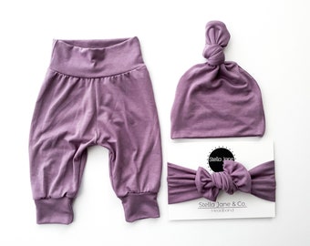 Baby legging, Baby Pant in Eden Dusty Lavender, Baby Hat, Baby Headband, Baby girl set, Baby Gift, Take Home Outfit, Baby legging,