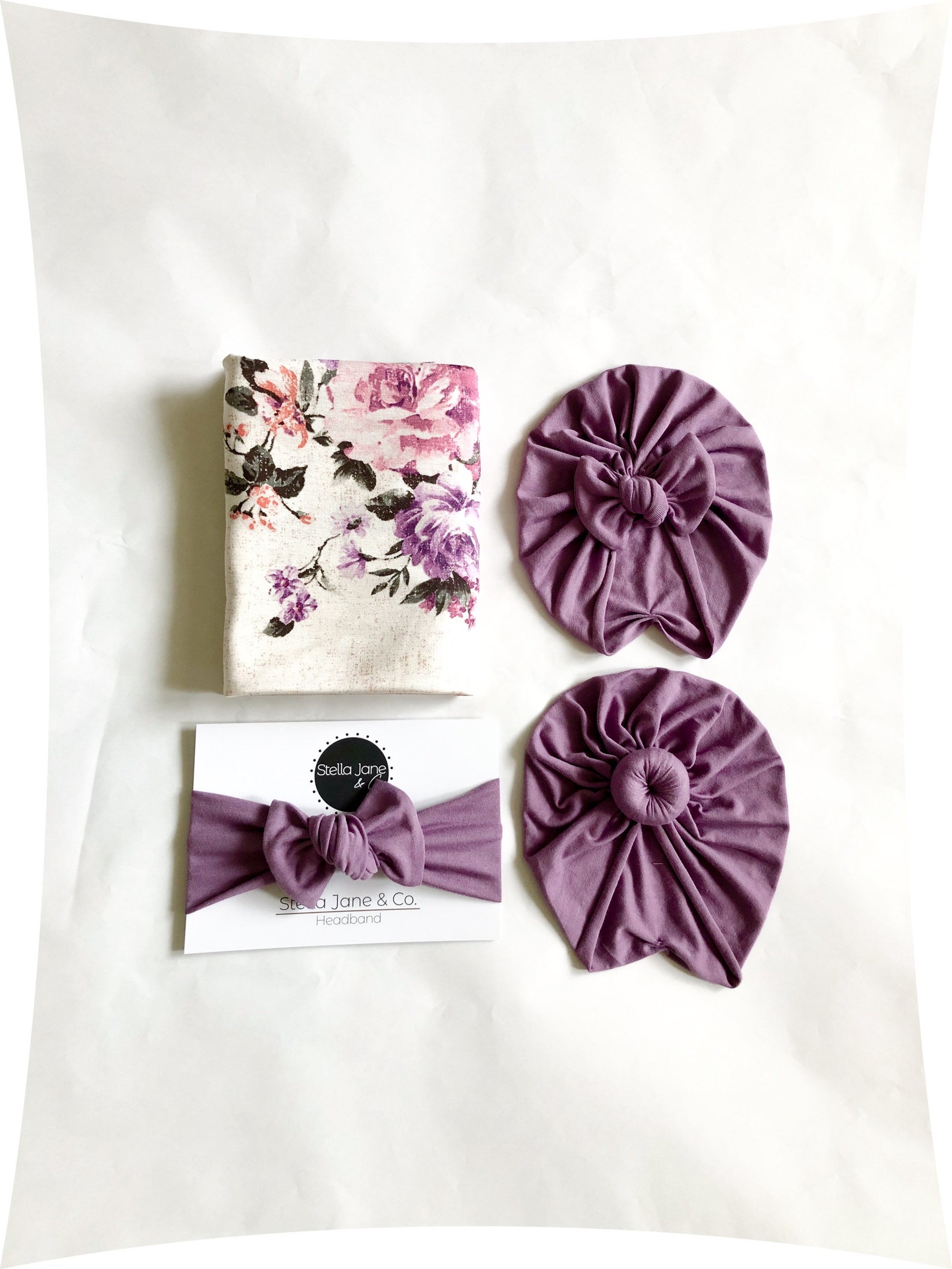 Baby swaddle set in Lucy Purple floral on Oatmeal Etsy