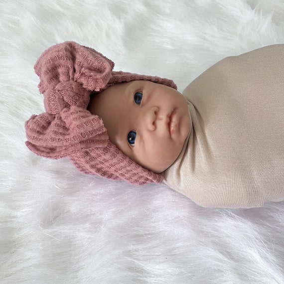 Baby Turban Modern Bow Hat in Blush Waffle, Turban Bow Hat, Turban