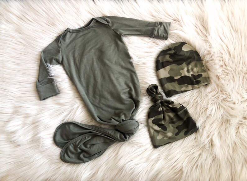 baby knotted gown,baby gift gender neutral baby clothes Baby knotted gown \u201cCole Light Olive Green with Camo Hat camo slouchy