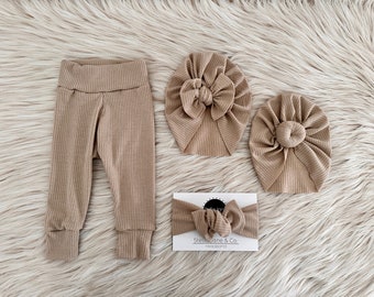 Baby leggings, “Oliver” Light Tan Ribbed Pant, baby girl legging set, Modern Bow turban, Baby pants, Take Home Outfit,