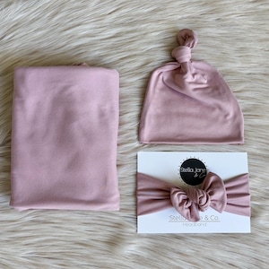 Conjunto de fraldas para bebê em "Cora" Pale Mauve, chapéu para bebê, faixa de cabeça para bebê em lilás, acessório para fotos de bebê, conjunto para hospital, presente para bebê, fralda elástica