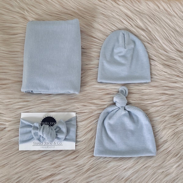 Baby swaddle blanket, “Jack” Powder Blue Ribbed,  baby wrap,  knot hat, swaddle set, hospital set, boy gift, baby gift, neutral swaddle