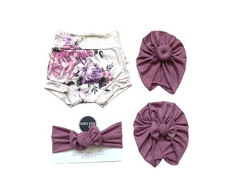 Floral Baby Shorties Set: Mauve Turban & Headband, Handmade