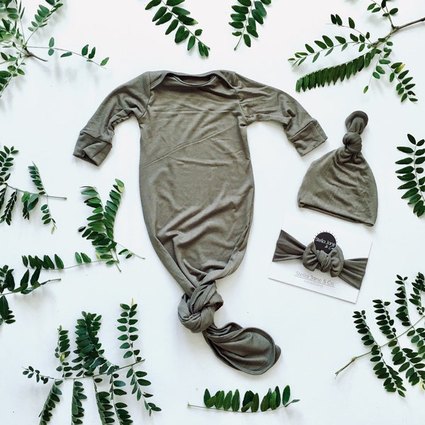 Baby knotted gown in "Cole" Light Olive Green baby gown, gender neutral baby clothes, baby knotted gown, take home outfit, baby gift, unisex