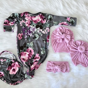 Floral Baby Knotted Gown: Gray & Pink, Turban Set - Newborn Outfit