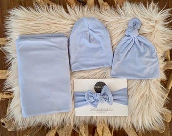 Dusty Blue Baby Swaddle Blanket Set: Newborn Knot Hat & Headband