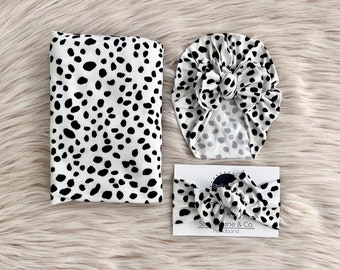 Black and White Spots Baby Swaddle Set: Modern Bow Turban & Headband