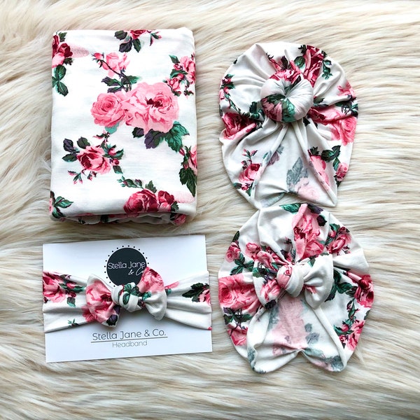 Baby swaddle set “Anna” Pink and Ivory Floral with matching Turban , baby photo prop, hospital set, baby gift, Baby headwrap