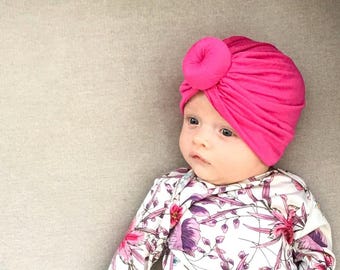Handmade Fuchsia Pink Baby Turban Knot Hat