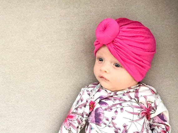 Baby Turban Hat in Fuchsia Pink, Turban Bun Hat, Turban Top Knot