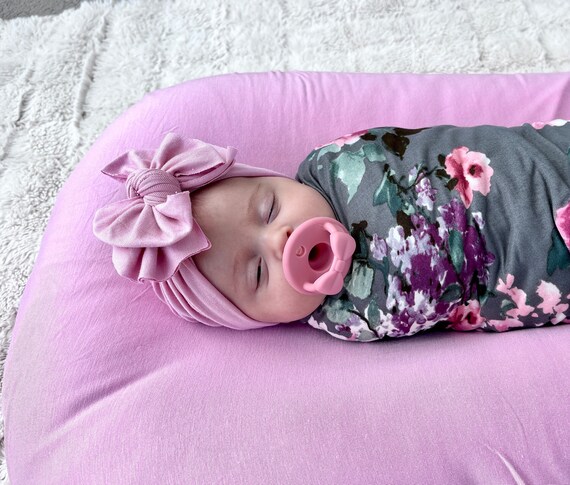 Baby Swaddle Set in sienna Gray and Pink Floral With Nova Pink Turban Headband Baby Photo Prop Hospital Set Baby Gift Etsy