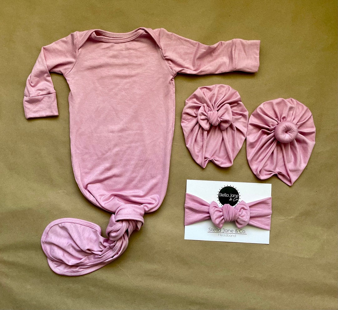 Baby Knotted Gown in nova Soft Pink With Matching Turban, Knot Bottom