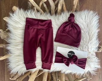 Aria Wine Baby Legging Set: Soft Stretchy Pants, Hat & Headband