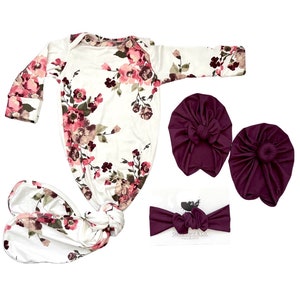 Baby knotted gown, “Morgan” Wine and Pink Floral knot gown, Wine Turban,  Baby Gown, take home outfit, baby gift,turban, baby clothes