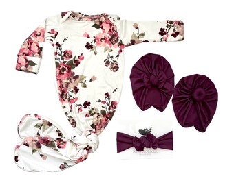 Floral Baby Knot Gown with Wine Turban: Newborn Take Home Outfit