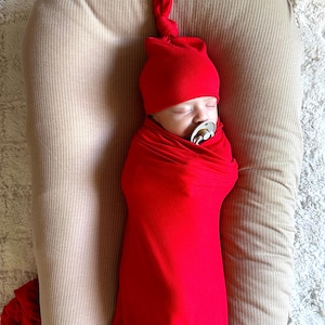 Cobertor de bebê, cobertor vermelho brilhante “Sloan”, chapéu com nó superior, cobertor de hospital para recém-nascidos, presente para menino, presente para bebê, gênero neutro