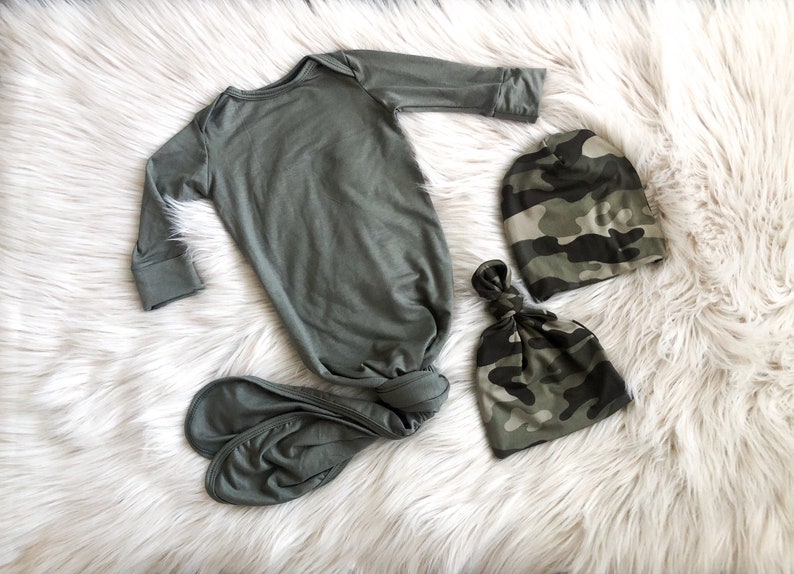 baby knotted gown,baby gift gender neutral baby clothes Baby knotted gown \u201cCole Light Olive Green with Camo Hat camo slouchy