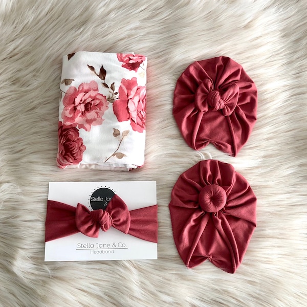 Baby swaddle set in "Abigail” Pink and Coral floral with Dusty Red Turban, baby photo prop, hospital set, baby gift, Floral swaddle blanket