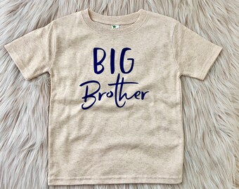 Big Brother Shirt: Dark Blue Print, Oatmeal Sibling Tee