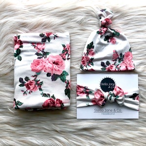 Floral Baby Swaddle Set: Pink Rose Blanket, Hat, Headband