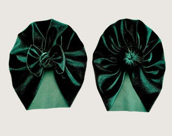 Turbante de bebé de terciopelo verde cazador hecho a mano: estilo lazo o moño