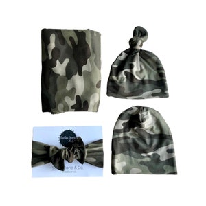 Green Camo Baby Swaddle Blanket, Top Knot Hat Set