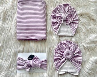 Baby swaddle set in "Gia” Purple and Ivory Stripe, Baby Turban, baby photo prop, hospital set, baby gift, hospital swaddle, baby wrap