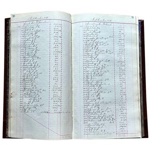 May include: An open ledger book with handwritten entries for September 1858. The left page lists names and numbers, while the right page lists names and amounts. The book is bound in brown leather.