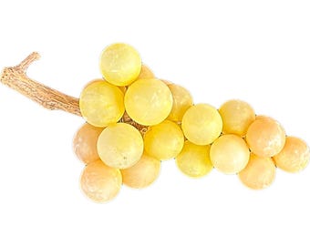 May include: A cluster of yellow and light orange spheres, resembling grapes, attached to a brown, twig-like stem. The spheres vary in color, creating a gradient effect. The background is plain white.