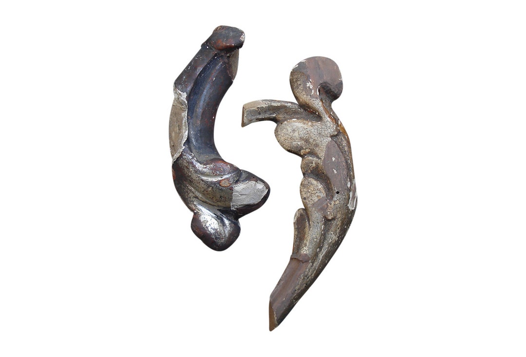 Pair of Small 19th C Italian Hand Carved Silver Gilded Wooden Fragments ...