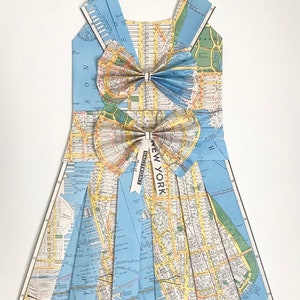 New York- Sailor Style Folded Map Paper Dress 26&quot; x 18&quot; Nursery Decor, Wall Hanging, Girl&#39;s Bedroom, Wall Art, Bows.