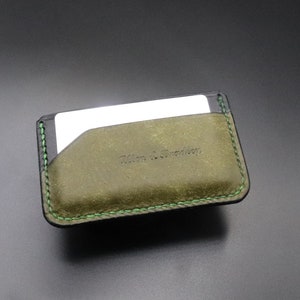 Cartera minimalista de tres bolsillos, cartera de piel Pueblo verde oliva y Bridle inglés negro, cartera minimalista, cartera pequeña minimalista,