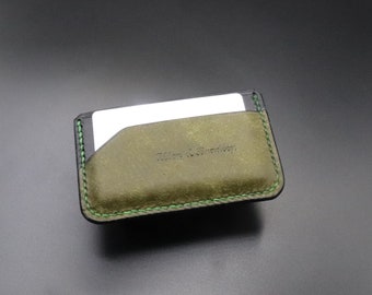 Cartera minimalista de tres bolsillos, cartera de piel Pueblo verde oliva y Bridle inglés negro, cartera minimalista, cartera pequeña minimalista,