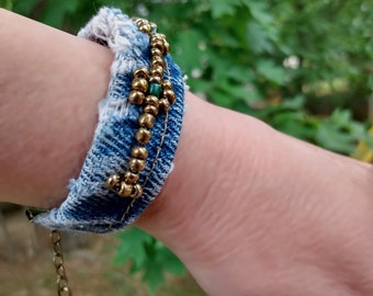 Denim blue jean bracelet leaf charm bracelet leaf toggle clasp boho bracelet gift for her