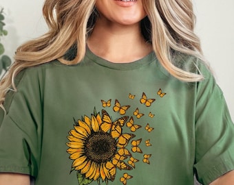 Sunflower Butterflies Shirt, Butterfly Tee, Mothers Day Gift Shirt, Sunflower Shirt, Floral t-shirt, Flowers Gift T-shirt, Botanical Tee