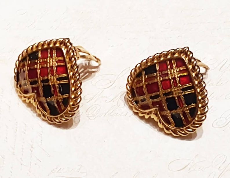 Vintage Butler and Wilson Heart Clip on Earrings Gold Tartan Etsy
