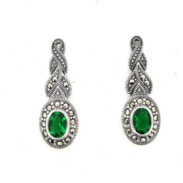 Emerald Green Earrings Silver Marcasite Oval Cubic Zirconia