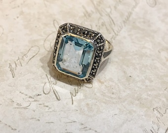 Blue Topaz Solitaire Silver Ring Art Deco style Marcasite