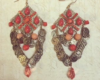 Coral Gold Coin Charm earrings