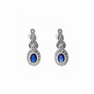 Silver Marcasite Sapphire Earrings Oval Blue Crystal