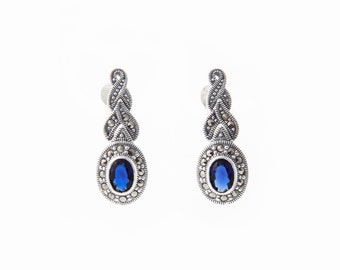 Silver Marcasite Sapphire Earrings Oval Blue Crystal